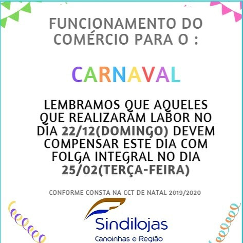 Horário de funcionamento do comércio para o Carnaval – 2020.